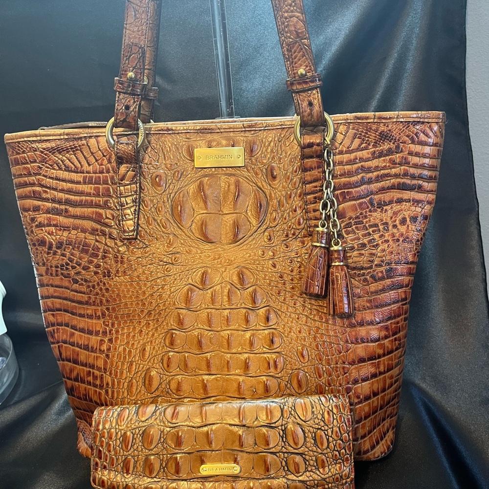 Brahmin Brown Croc-Embossed Tote and Wallet
